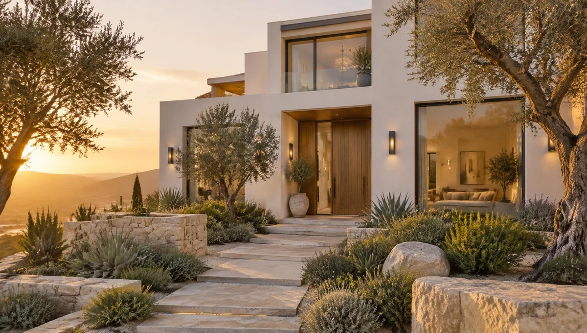 Modern Southern California home with white stucco and a drought-tolerant garden at sunset