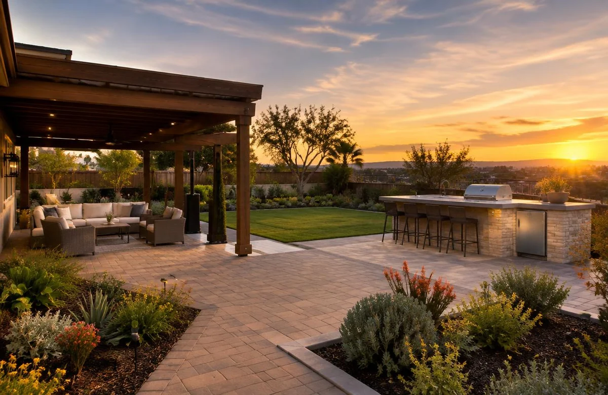 Illustrative backyard patio at sunset